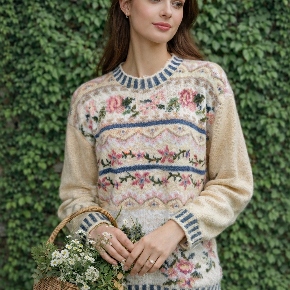 VINTAGE JENNIFER & COMPANY Peach, Pink, Cream Cotton/Ramie Floral Sweater, M